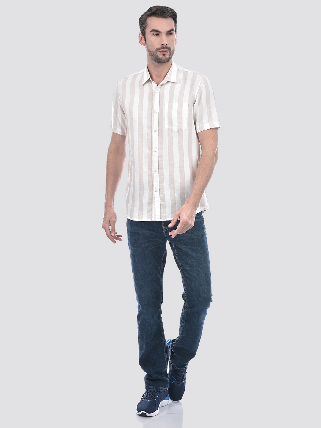 Numero Uno Men Striped Beige Shirt